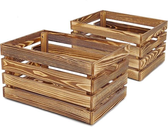 Set van 2 Gebrande Houten Kratten - Fruit/Wijn/Melk/Speelgoedkist - Multifunctioneel voor Thuis, Camping, Decoratie - Stevig en Duurzaam - 45x31x25 cm.