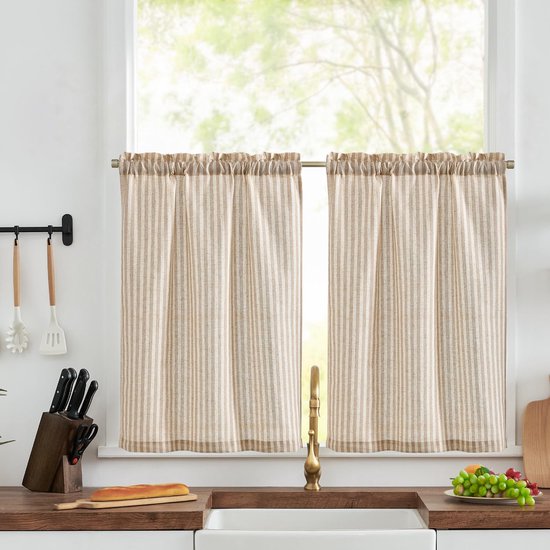 Set van 2 gordijnen H 60 x B 65 cm, gestreepte vitrage, modern, linnen gordijnen met strepen, keukengordijn, ondoorzichtig, kort, keukengordijnen voor keukens, lichtdoorlatend, klein raam