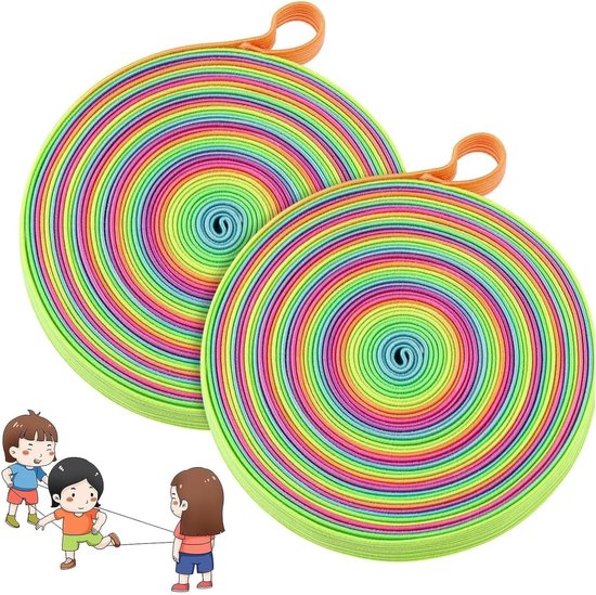 Set van 2 kleurrijke platte elastische springtouwen van 6m, duurzaam en ideaal voor buitenspellen, perfect voor kinderen en nostalgische speeltuinplezier van Merkloos