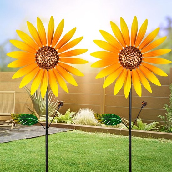 Set van 2 metalen zonnebloem windmolens, 37 x 25 cm, weerbestendige tuinversiering voor balkon, terras en tuin