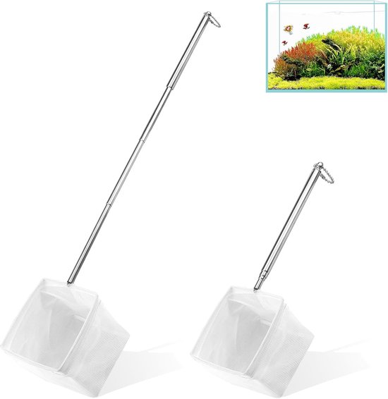 Set van 2 miniatuur aquariumschepnetten met roestvrijstalen handgreep voor vissen en aquariumonderhoud