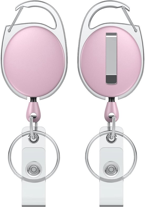 Set van 2 Oprolbare Badge Reel voor ID-houder - Stevige Oprolbare Sleutelhanger met RVS Veer en 24 Inch Nylon Touw - Roze Keyring en Carabiner voor Werk en Evenementen