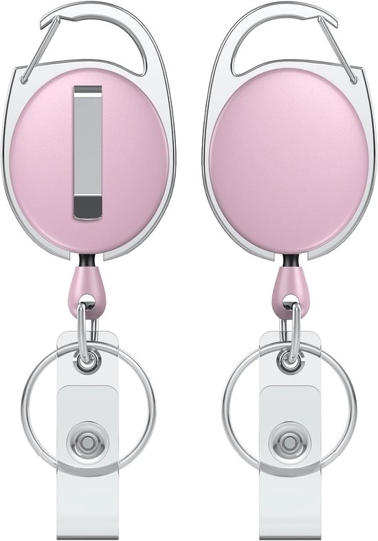 Set van 2 Oprolbare Badge Reel voor Identiteitskaarthouder - Stevige Oprolbare Sleutelhanger met RVS Veer en 24 Inch Nylon Touw, Inclusief Karabijnhaak en Sleutelhanger in Roze van Merkloos
