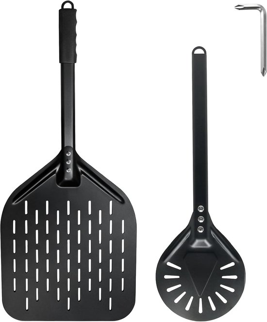 Set van 2 pizzaschep en pizzaschep – 30,5 cm en 17,8 cm geperforeerde pizzaschep van geanodiseerd aluminium met afneembare handgrepen, ideaal voor het draaien en vervoeren van zelfgemaakte pizza