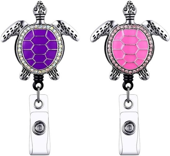 Set van 2 Retractable ID Badge Holders, Schattige Decoratieve Naam Badge Reel voor Kantoor, Verpleegkundige en Docent (Paars & Roze)