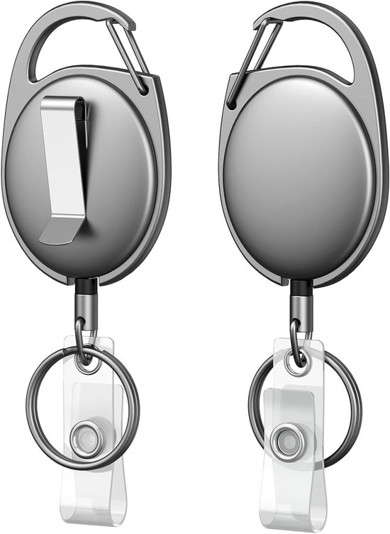 Set van 2 Robuuste Metalen Retractable Badge Reel voor Badgehouder en Sleutelhanger met RVS Veer en Carabiner Clip, 55cm Nylon Touw van Merkloos