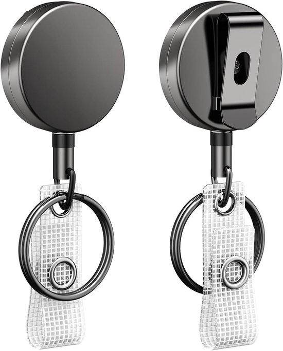 Set van 2 Robuuste Metalen Retractable Badge Reel voor Badgehouder en Sleutelhanger, Volledig Metalen Constructie met RVS Veer en 60cm Nylon Koord met Broekclip
