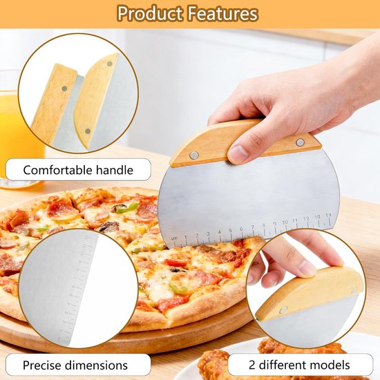 Set van 2 roestvrijstalen deegschrapers met houten handvat, deegkaartenset met antislip houten handvat, pizzames, bankschraper, bankschraper voor deeg, pizza, taart, taart