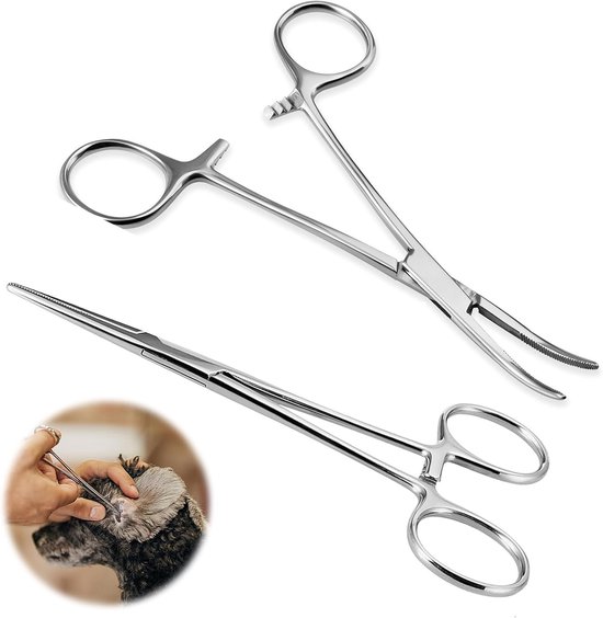 Set van 2 RVS Pincetten voor Vissen, Chirurgische Pliers en Dierenverzorging, 12.5 cm, Recht en Gebogen