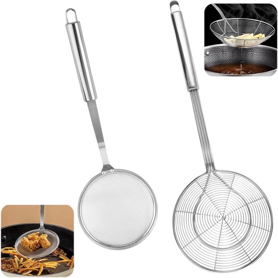 Set van 2 RVS Schepnetten voor Koken, Geschikt voor Soepen, Stomen en Grillen in de Keuken