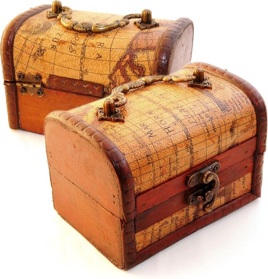 Set van 2 schatkistjes voor decoratie, antiek met leren bekleding in landkaartenstijl, houten kistje voor het opbergen van sieraden en kleine onderdelen - merk Ganzoo