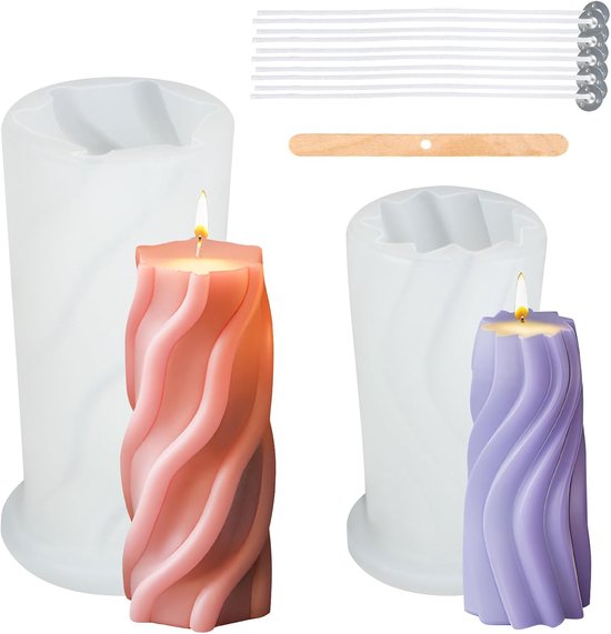 Set van 2 siliconen kaarsvormen, 3D-spiraal om te gieten met 10 lonten, 1 houten stok, doe-het-zelf aromatherapie