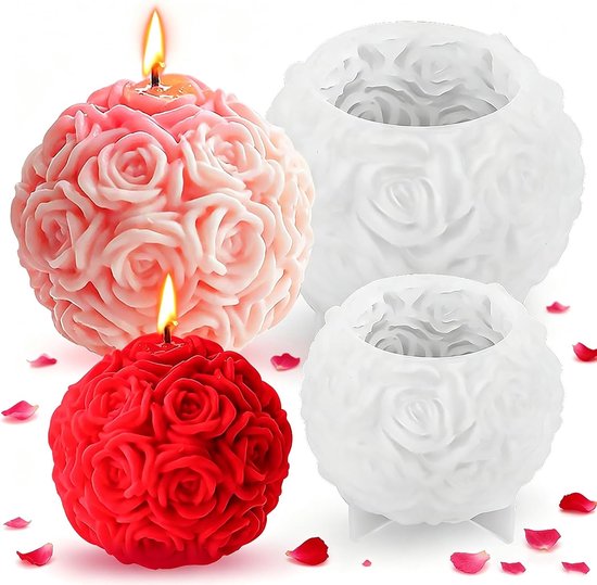 Set van 2 siliconen kaarsvormen, rozenbal, 3D-rozen, bloemen, gietvorm, kaarsen zelf maken set voor doe-het-zelf geurkaarsen, Valentijnsdag ornamenten (roos)