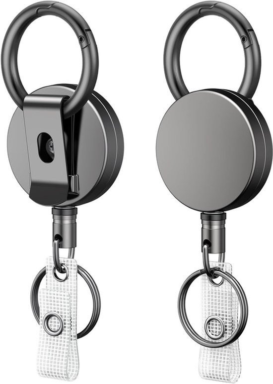 Set van 2 stevige intrekbare badgehouders met metalen sleutelring, roestvrijstalen veer en nylon koord voor badgehouder en karabijnhaak
