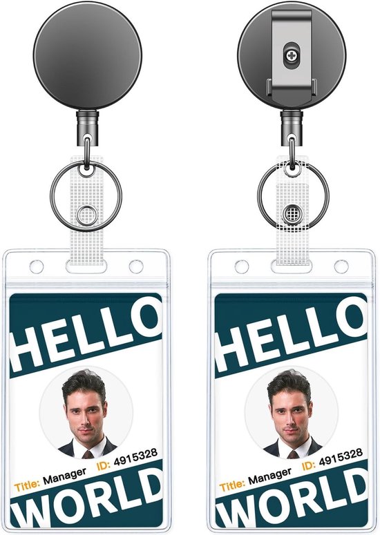 Set van 2 Stevige Metalen Retractable Badge Reel met Duidelijke Verticale Badge Houder en Waterdichte Kaartbeschermer, Ideaal voor Sleutelhanger en Professioneel Gebruik