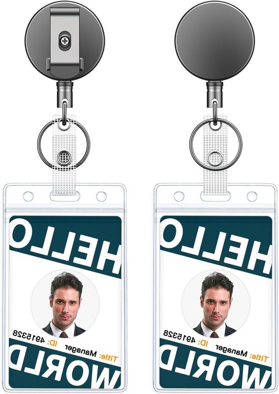 Set van 2 stevige metalen retractable badge reels met verticale badgehouder, waterdichte kaartbeschermer en 70 cm nylon keychain