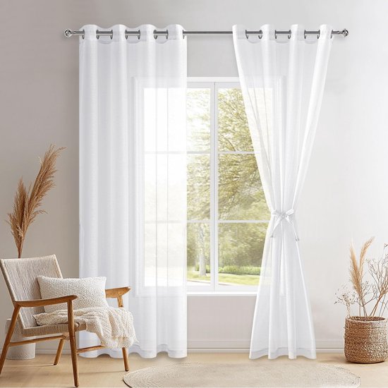 Set van 2 transparante voile-gordijnen met inslagringen, transparante gordijnen met gordijnlussen voor de woonkamer, wit, 215 x 140 cm (H x B)