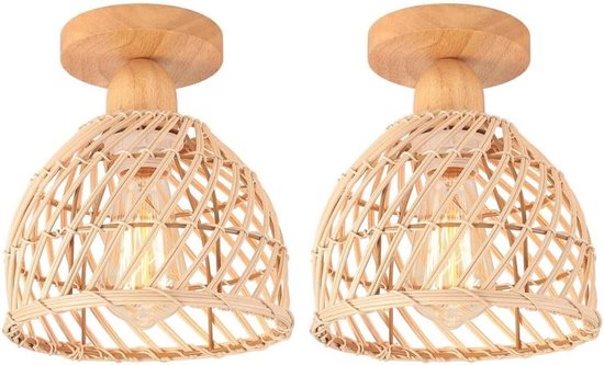 Set van 2 vintage natuurlijke bamboe plafondlamp, plafondlamp met rotan lampenkap, E27 verlichting, decoratie, houten kroonluchter voor slaapkamer, entree, hal, keuken, eetkamer