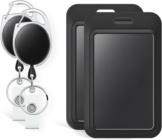 Set van 2 Zwarte Verticale Plastic Badgehouders met Uittrekbare Reel voor Kantoor, School en ID-kaarten
