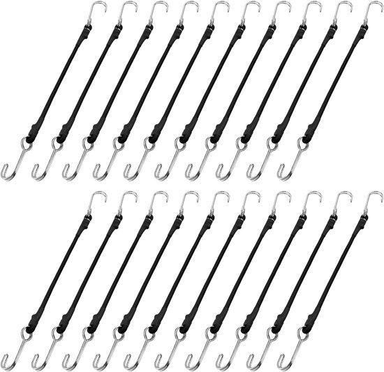 Set van 20 Elastische Bagage Tensioners met Haken - 30 cm Zwarte Rubber Tensioners voor Fietsen, Kamperen en Vervoer