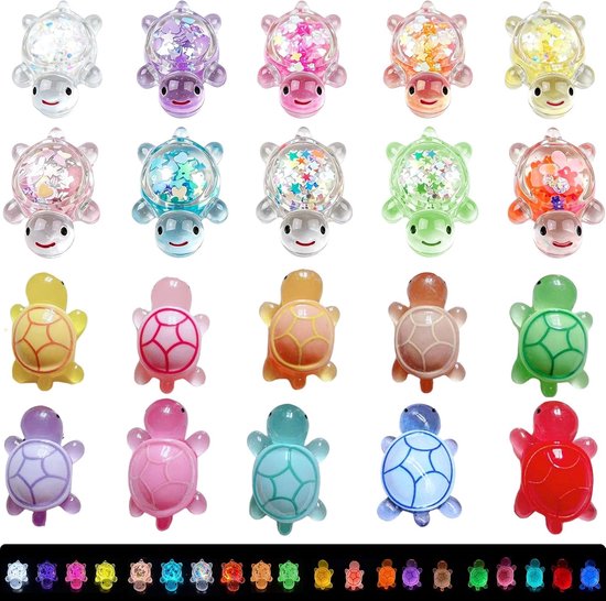 Set van 20 mini-figuren schildpadden van hars - transparante glitter - lichtgevende zeedieren - decoratie voor tuin, aquarium, landschap, doe-het-zelf