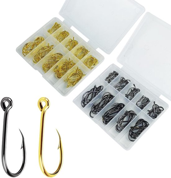 Set van 200 Carbon Stalen Vissenhaken met Plastic Opbergdoos - Eyeless en Eye Haken in 10 Maten voor Visaccessoires van Merkloos