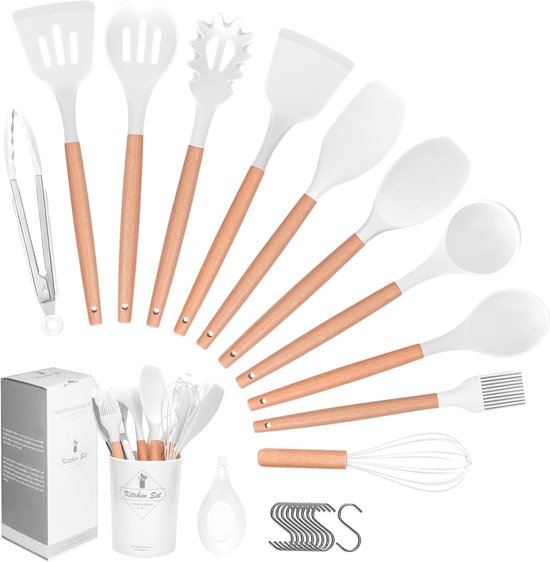 set van 23 stuks, siliconen keukengerei met standaard, handvat van natuurlijk hout, tang, spatel, lepelset, anti-aanbaklaag en hittebestendig (crèmewit)