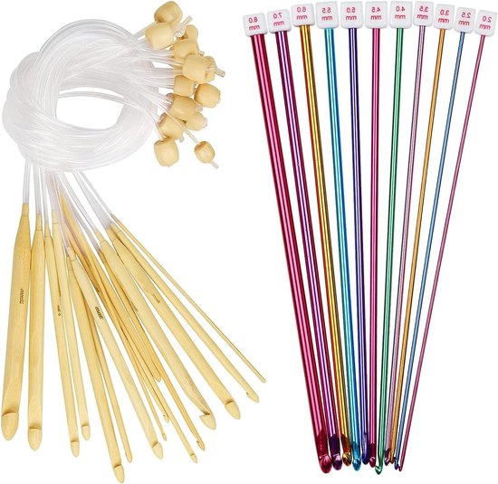 Set van 23 Tunisian Haaknaalden voor Beginners, 2-12 mm Bamboe en Aluminium, Perfect voor Tapijten en Sjaals van Merkloos