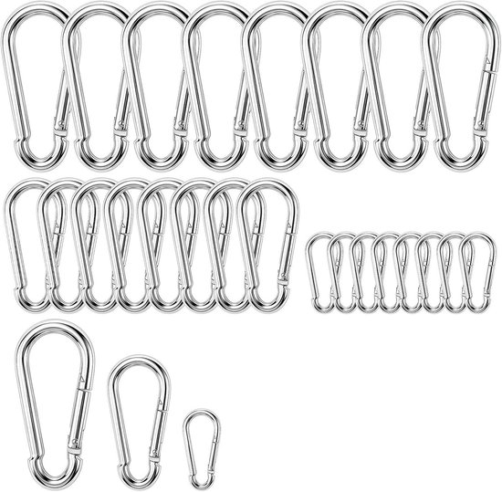 Set van 24 karabijnhaken in 3 maten van koolstofstaal, verzinkt voor bergbeklimmen, kamperen en hondentrekken, 4x40mm, 6x60mm, 8x80mm