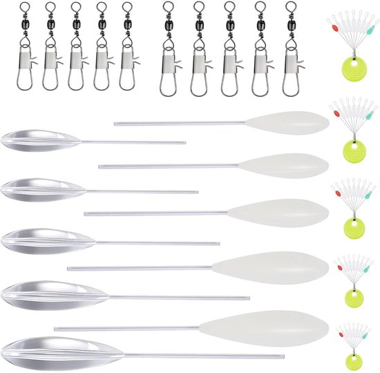 Set van 25 forelhengelaccessoires, 5 stuks Sbirolino drijvend 5 stuks Spirolino zinkend 6 g 8 g 10 g 15 g 20 g en 10 x drievoudige wervel 5 x koordstopper vissen Spirolino forel