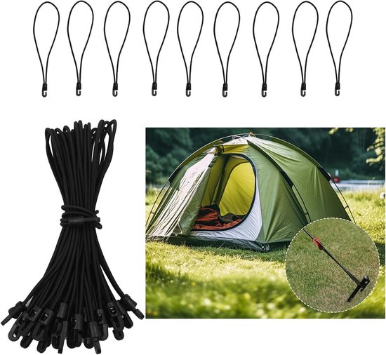 Set van 26 Bungee Koorden met Haken - Elastische Straps voor Bevestigen, Verpakken en Transporteren - Zwart, 26 cm