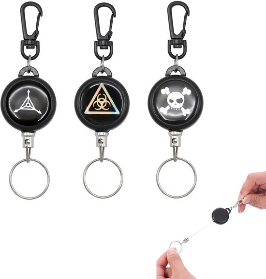 Set van 3 badge reels met uitrekbare sleutelhanger van 60 cm - robuuste ID-houder met clip - zwart compact ontwerp voor werk, reizen en dagelijks gebruik