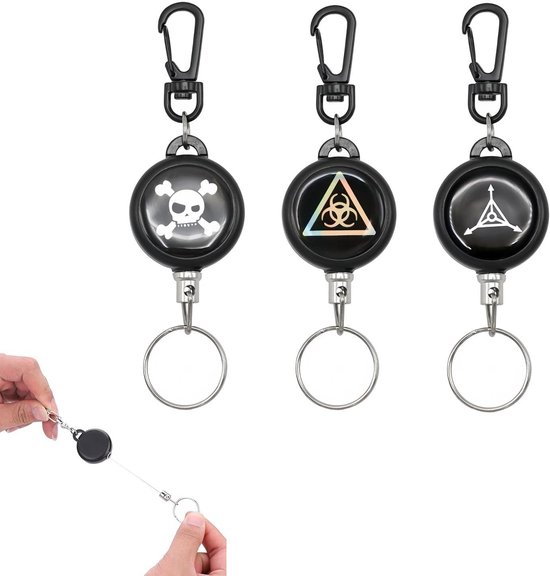 Set van 3 badge reels met uitschuifbare sleutelhouder van 60 cm - robuuste ID-houder met clip - zwart compact ontwerp voor werk, reizen en dagelijks gebruik