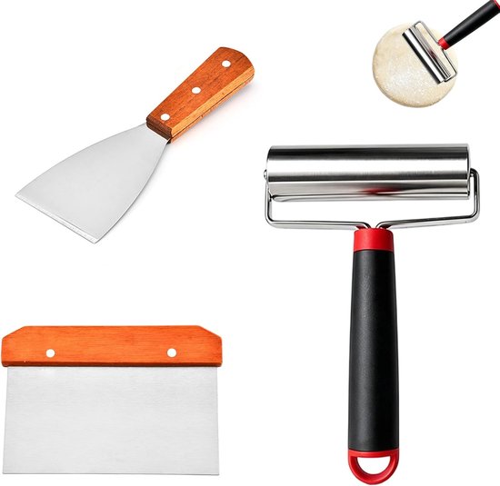 Set van 3 deegkaarten, deegschraper, deegroller klein met handvat | Deegspatel, keukenspatel, pizzapatel, deegroller, roestvrij staal, voor brood, pizzadeeg, gebak, pasta, desserts