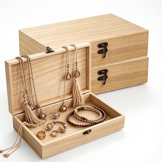 Set van 3 houten kisten met deksel, grenen doos met metalen sluiting, rechthoekige opbergdoos voor doe-het-zelf knutselen, sieraden en souvenirs