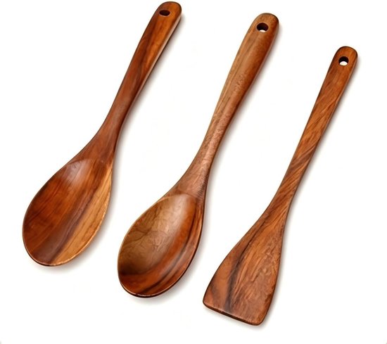 Set Van 3 Houten Kooklepels: 2 Houten Lepels + Houten Spatel Van 30 Cm, Houten Schep Met Handvat, Houten Kooklepel Van Olijfhout Van 26 Cm, Houten Spatel Voor Koken En Anti-Aanbakpannen, Geschikt