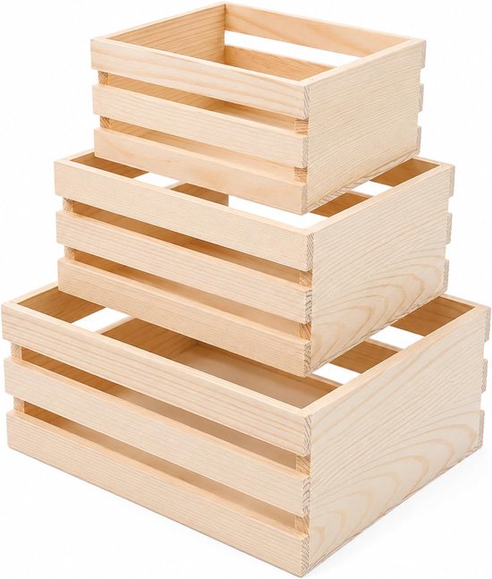 Set van 3 houten kratten Veelzijdige, herbruikbare kleine houten kratten in 3 formaten