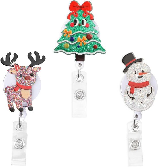 Set van 3 Kerst Badge Reel, Ingetrokken Badgehouders voor Verpleegkundigen met Schattige Elken, Sneeuwman en Kerstboom Ontwerpen voor Studenten en Leraren van Merkloos