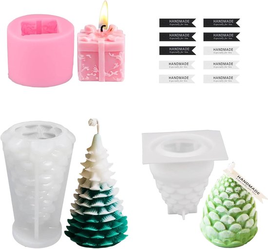 Set van 3 kerstkaarsvormen, siliconen kaarsvormen, voor het maken van kaarsen, siliconen kaarsvormen, set met 10 etiketten voor doe-het-zelf handgemaakte kaarsen maken