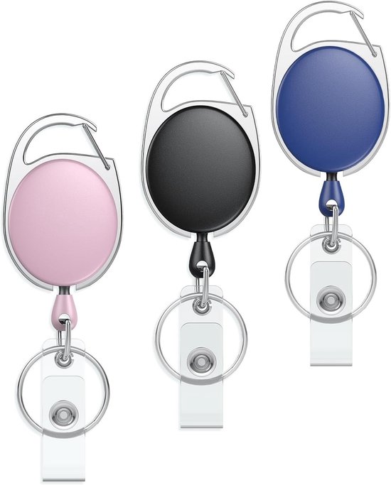 Set van 3 Oprolbare Badge Reel voor Badgehouder in Roze, Blauw en Zwart - Stevige Oprolbare Sleutelhanger met RVS Veer, 24 Inch Nylon Touw en Karabijnhaak voor Werk en Evenementen van Merkloos