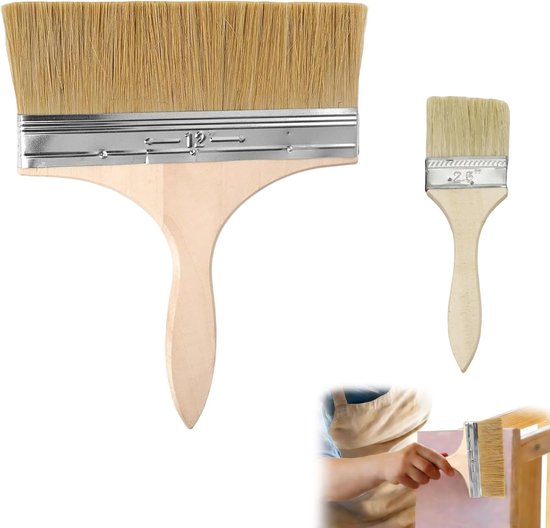 Set van 3 Platte Verfkwasten 75 mm / 100 mm / 125 mm, Brede Kwasten met Houten Handgreep voor Schilderen, Beitsen en Lakken