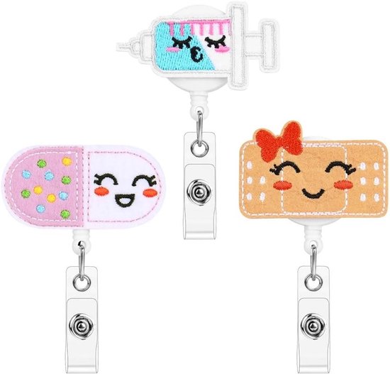 Set van 3 Retractable Badge Reels van Vilt, Schattige ID Badge Houder voor Verpleegkundigen, Artsen en Studenten met Lanyard Clips