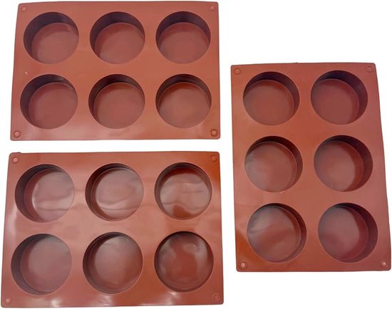 Set van 3 ronde siliconen vormen – siliconen vormen met elk 6 holtes, zeepvormen siliconen en cilindervorm, flexibele gietvormen als koekjesvorm, roestrood (21,1 × 15 cm)