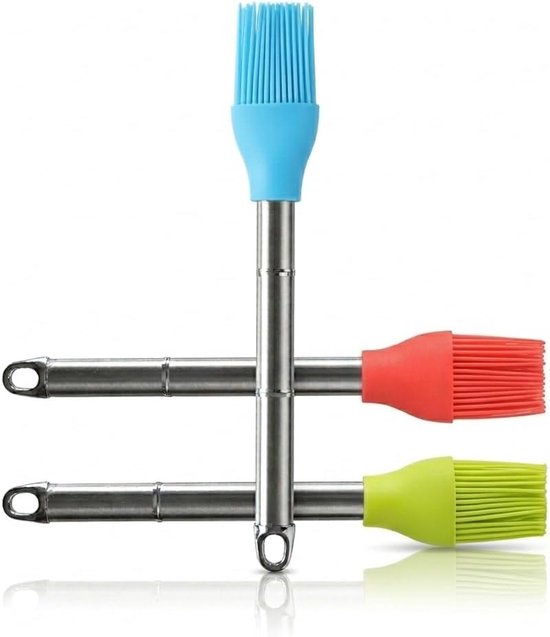 Set van 3 siliconen borstels met roestvrijstalen handgreep, flexibel en robuust voor bakken en mengen, rood, blauw en groen, gemakkelijk te reinigen, anti-aanbakaccessoires, bakwaren en keuken