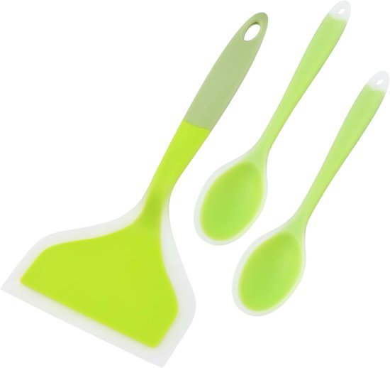 Set van 3 siliconen kookgerei, hoge hittebestendig, grote solide spatels met twee lepels, ideale keukendraaiers voor frituren, bakken, omdraaien van eieren, pannenkoeken, antikleefkeukengerei, groen