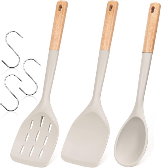 Set van 3 siliconen spatel, niet-stick kookgerei set houten handvat keukendraaier voor bakken mixen grillen serveren voedsel hittebestendig niet-kras haken inbegrepen, kaki