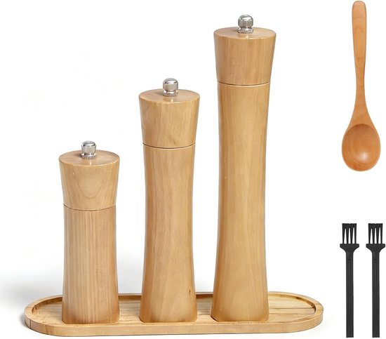 Set van 3 Specerijmolens met Houten Tray, Handmatige Keramische Maalwerkers voor Zout, Peper en Chili, Inclusief 2 Reinigingsborstels en Houten Onderzetter, Perfect Cadeau voor de Keuken