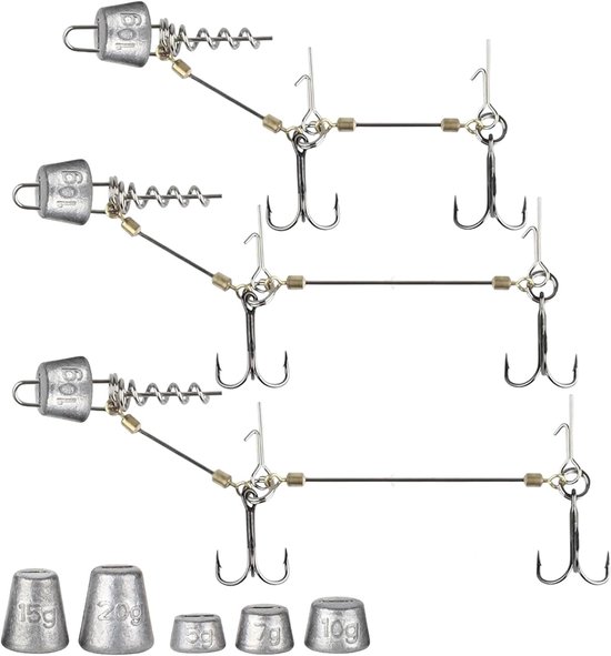 Set van 3 Stinger Haken met Voorvak Systeem en 5 Verwisselbare Gewichten voor Snoek, Geschikt voor Rubberen Vissen en Jigkoppen in Maten 10, 13, 18 cm, S, M, L