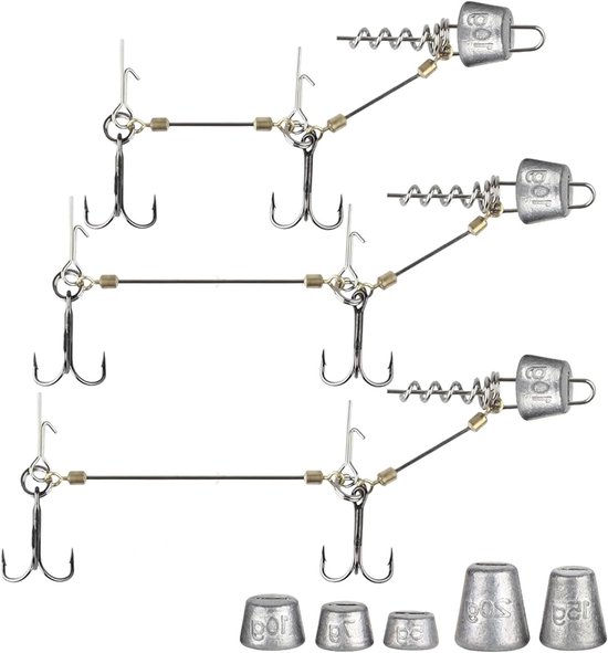 Set van 3 Stinger Haken met Voorvak Systeem en 5 Verwisselbare Gewichten voor Snoek, Ideaal voor Rubber Vissen met Jigkop, Geschikt voor Aas van 10, 13 en 18 cm, Maten S, M, L