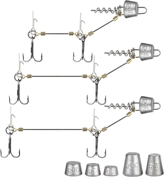 Set van 3 Stinger Haken met Voorvak Systeem en 5 Verwisselbare Gewichten voor Snoekvissen, Inclusief Jigkop voor Rubber Vissen in Maten 10, 13, 18 cm, S, M, L